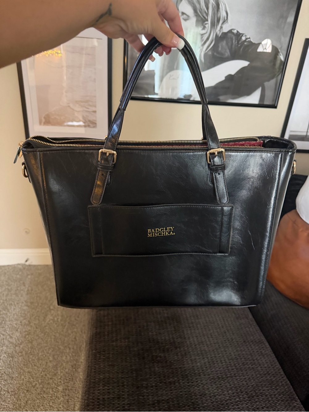 Badgley Mischka Black Leather Structured Tote with Front Pocket